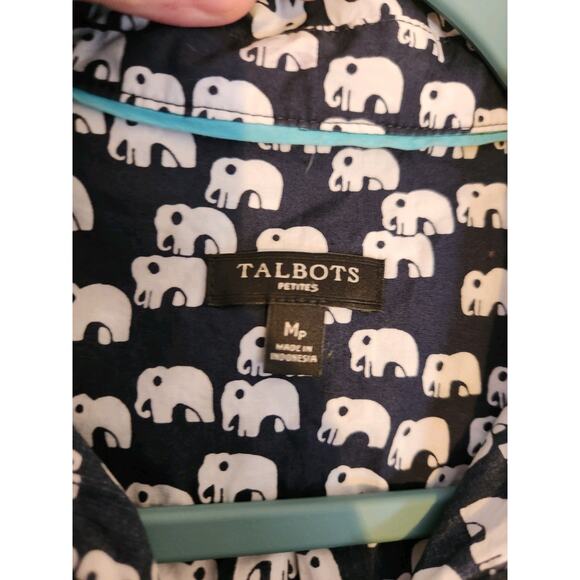 Talbots Top Women's Petite Medium Mp Elephant Novelty Button Up Shirt Roll‎ Tab - Picture 6 of 7